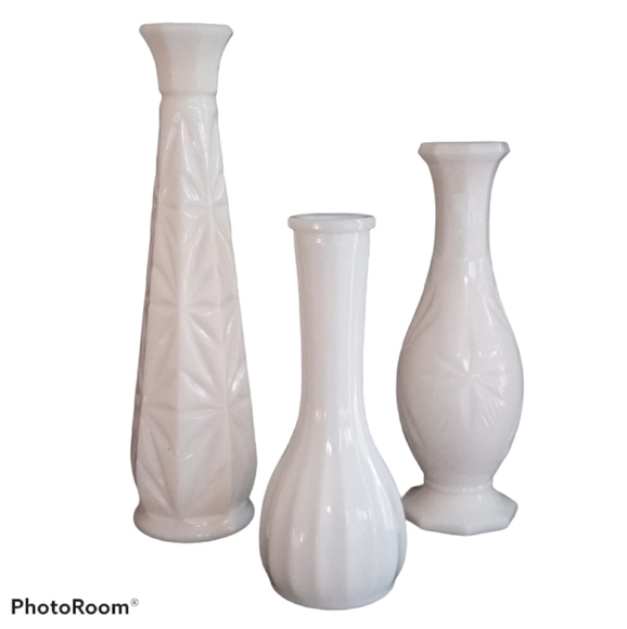 Milk Glass Vases - Set Of Three - White Patterened
